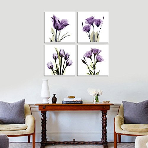 HLJ ART 4 Panel Elegant Tulip Purple Flower Canvas Print Wall Art Painting  For Living Room Decor And Modern Home Decorations Photo Prints 