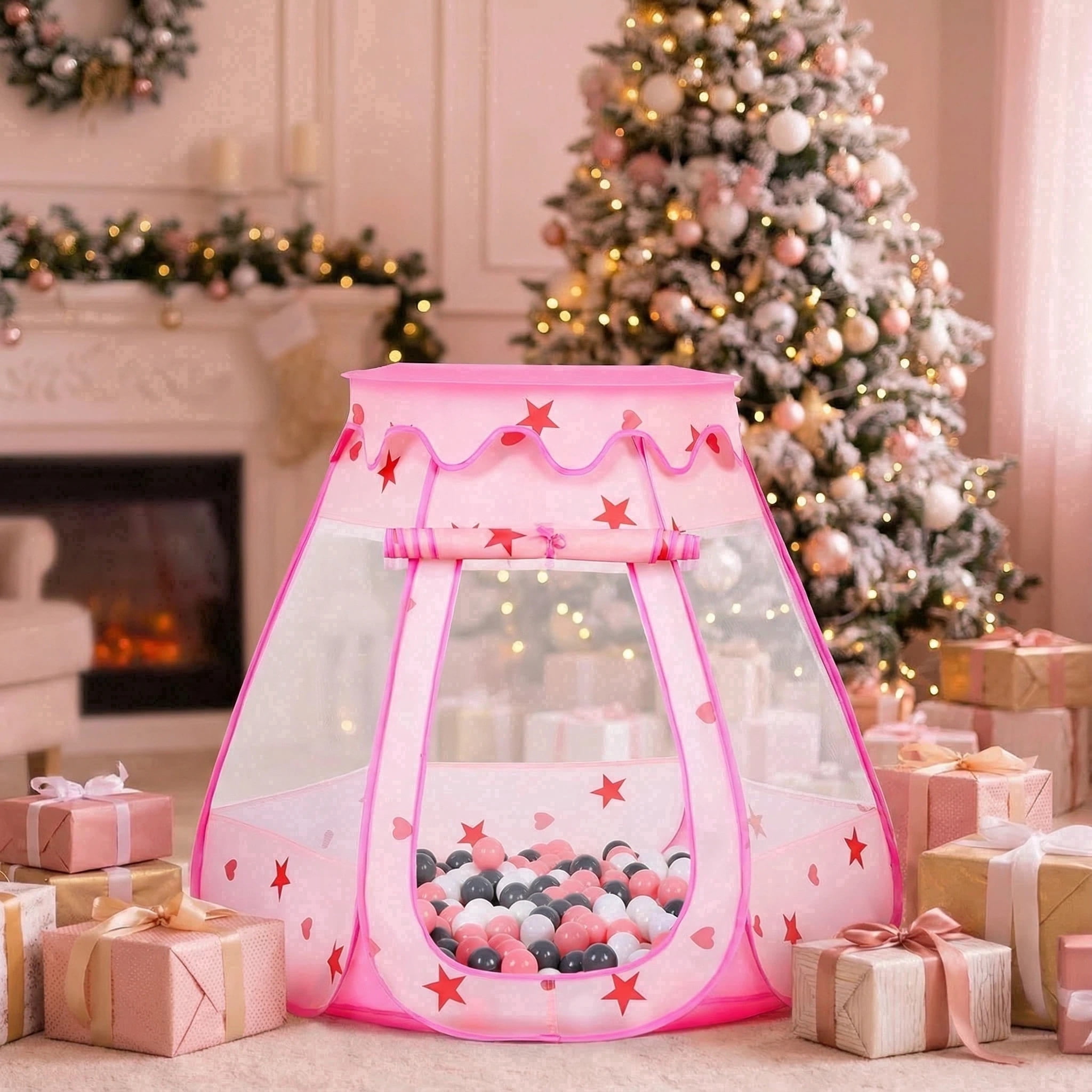 PigPigPen Princess Pop up Ball Pit for Toddlers with 50 Balls and Carry Bag, Pink/White/Gray