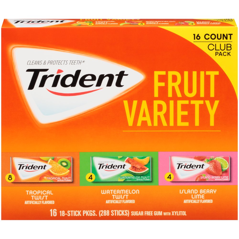 Trident, Sugar Free Assorted Fruit Gum Variety Pack, (Pack of 16