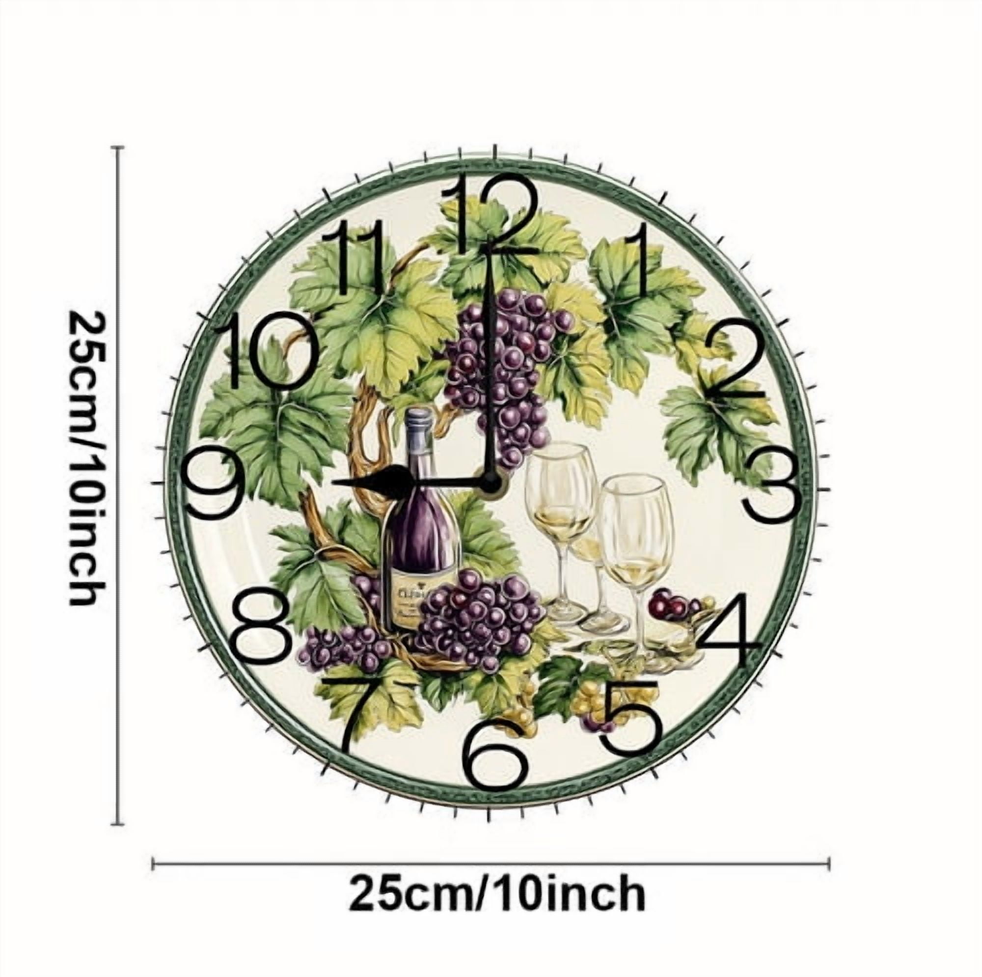 Eveokoki Wall Clock Wine Grape Wood Battery Operated Silent Non-Ticking Clock Decorative for Home Kitchen Living Room Office Bathroom Bedroom 10 Inch