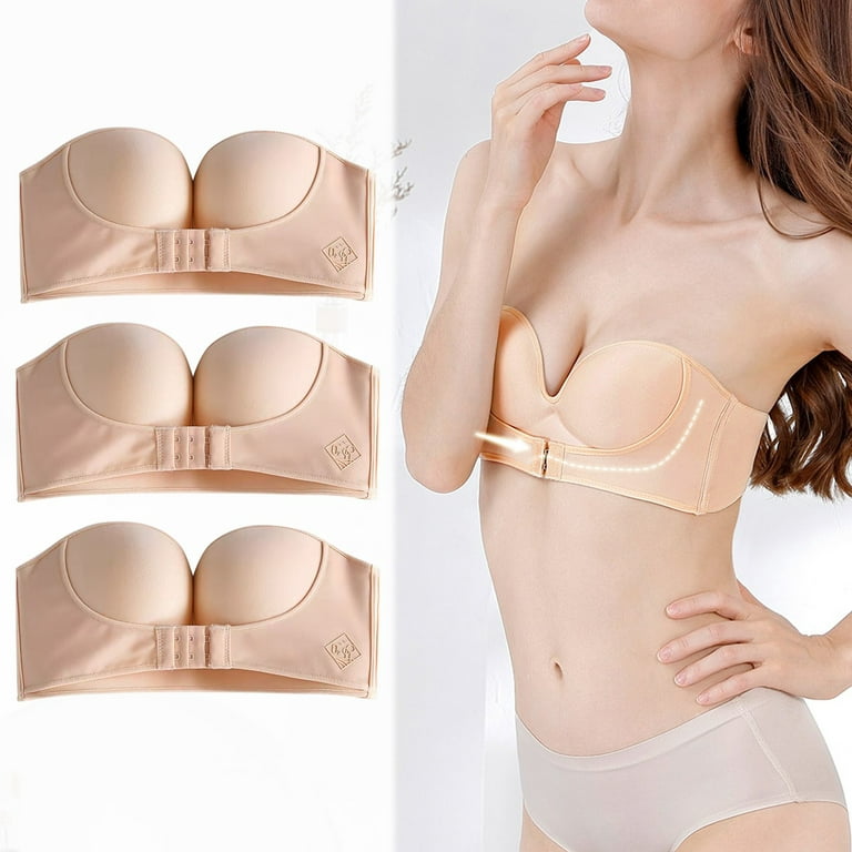Bra for Women 3PCS Solid Color Strapless Non Slip Adjustment Front Closure  Underwear F Cup Beige 85F 