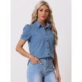 thumbnail image 2 of DARING DIVA Women's Denim Short Puff Sleeve Spread Collared Button Up Shirt L Light Blue, 2 of 6