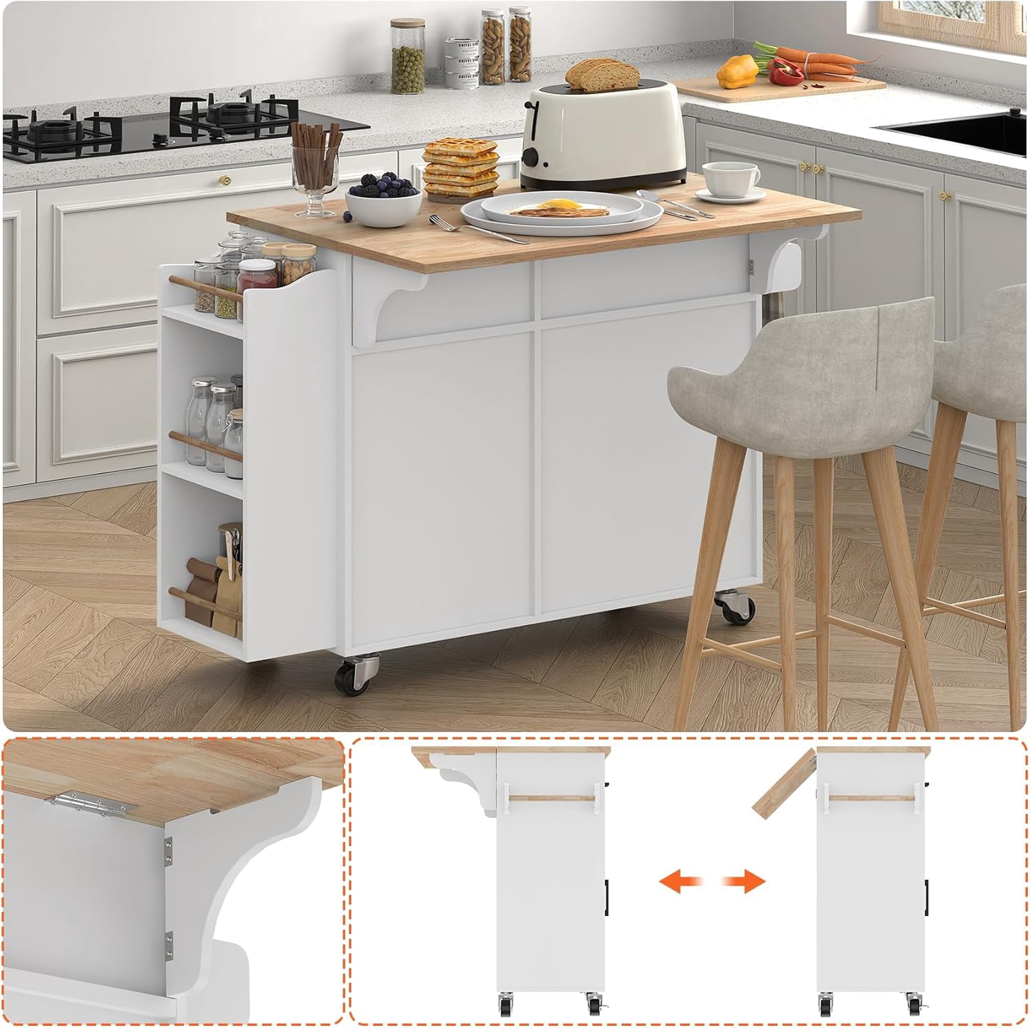Frmobepts Rolling Kitchen Island with Drop Leaf, Tilt Out Kitchen Trash Cabinet 10 Gallon Storage, Kitchen Cart Island with Rubber wood Top, Spice Rack and Drawers,White
