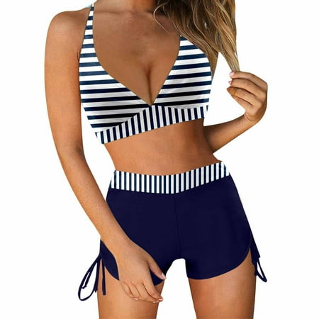 RUTAYY Swimwear Women Halter Neck Lace Up 2PCS Swimsuit Set Back Lace Up Swimsuit Set Boho Swim Wear