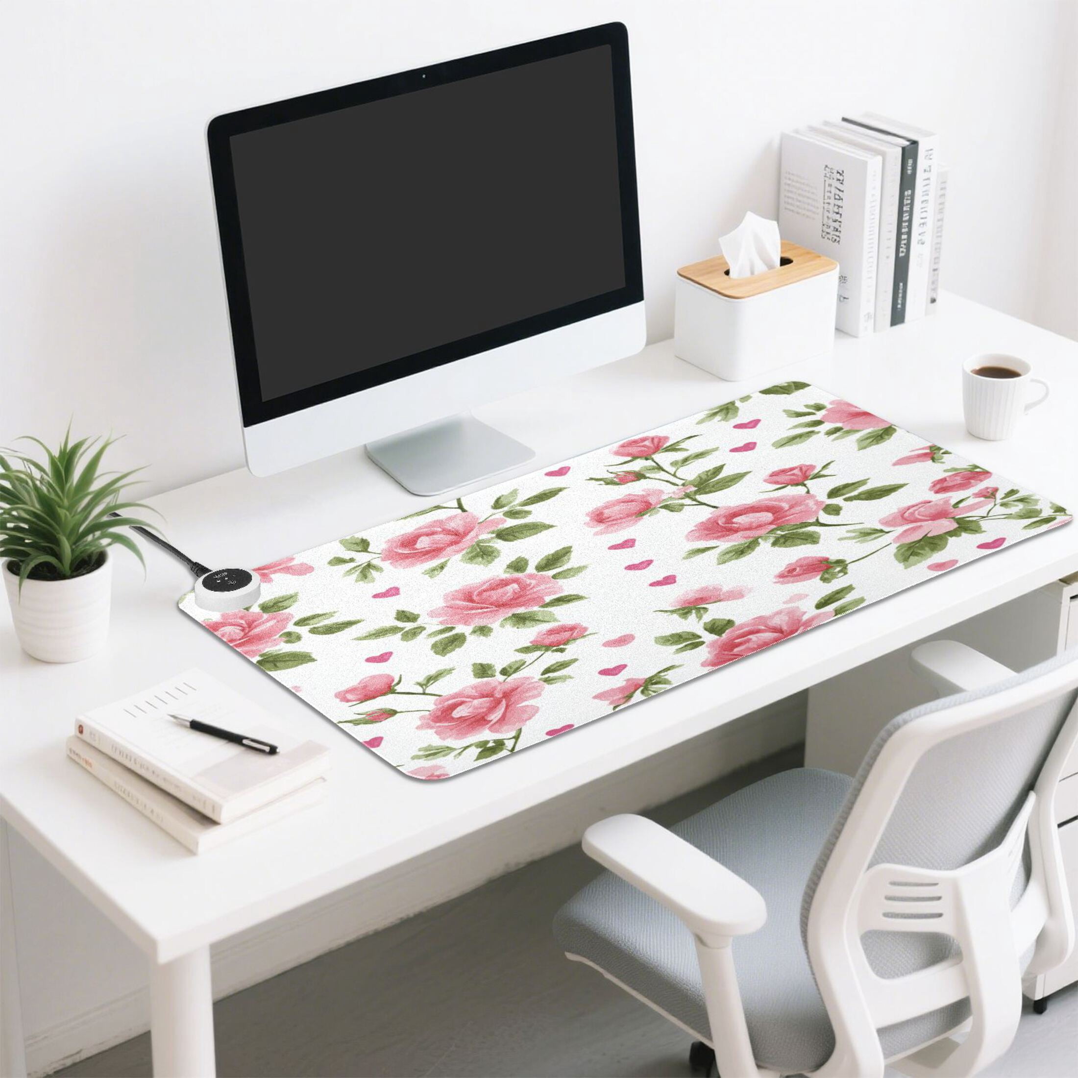 Large Heated Desk Mat Mouse Pad 31.5"x13"PU Leather Graphene Heating Desk Warmer with 3 Temperature Settings 110V US Plug Non-Slip Warm Pad for Home, Office, and Gaming Floral Rose Seamless Print