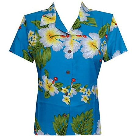 Turquoise Print Shirt - Hawaiian Shirts10A Women Hibiscus Flower Aloha Beach Blouse Casual Turquoise XS