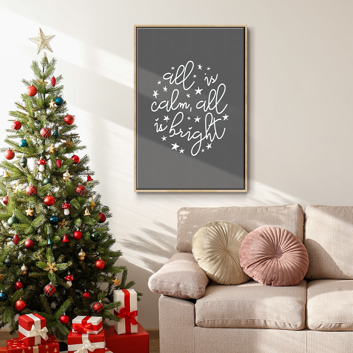 All is Calm, All is Bright - Dark Gray - Framed Gallery Wrapped Holiday Canvas - 27 x 41 - Natural Wood Frame