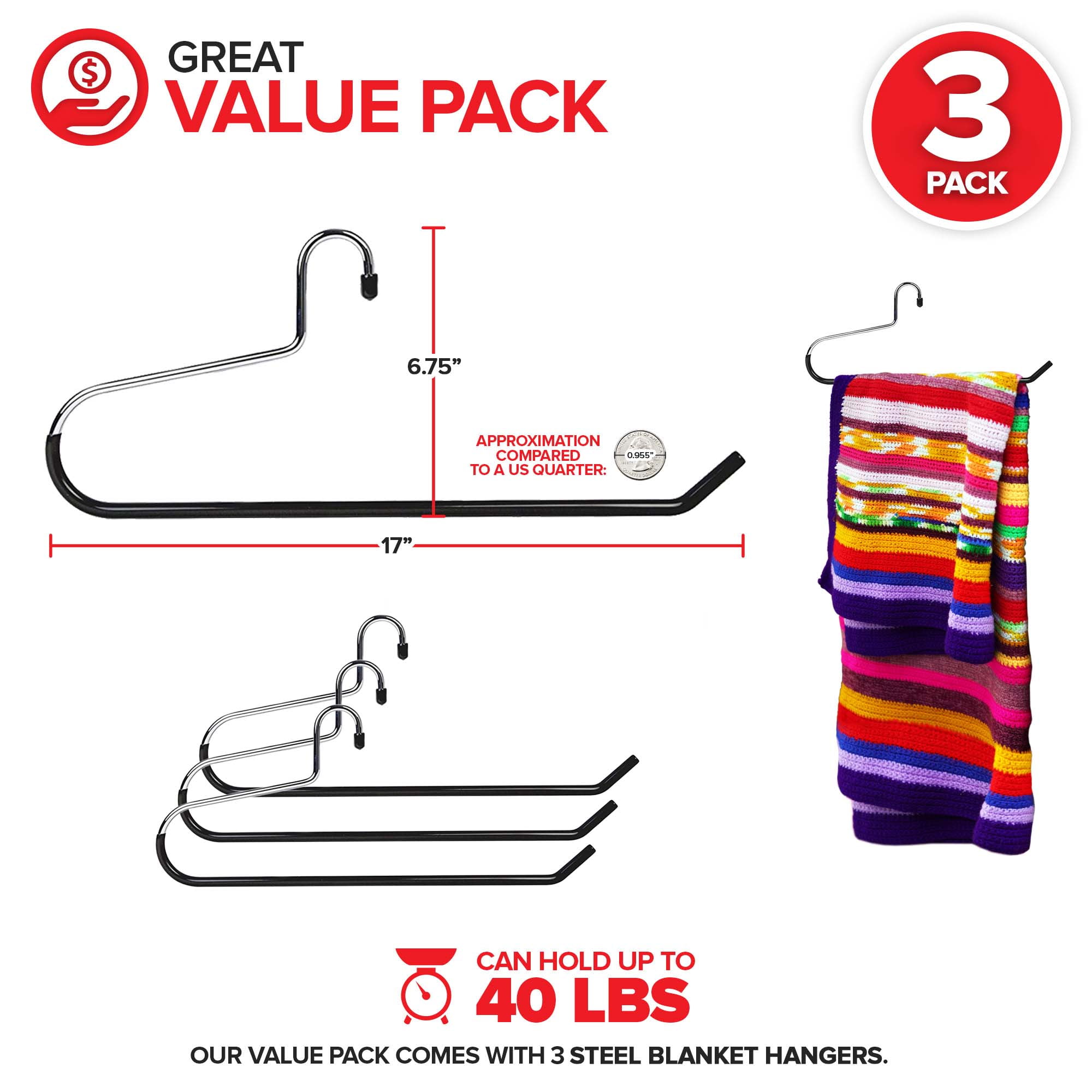 Blanket Hangers (3 Pack) - Stainless Steel Quilt Hangers with Vinyl Non-Slip Coating - Holds Up To 40 Lbs - Heavy Duty Hangers for Closet Storage, Comforters, Bedding, Towels, Rugs - Stock Your Home