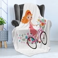 thumbnail image 4 of Flower Soft Flannel Fleece Throw Blanket, Happy Little Girl with Bunch of Flowers Riding a Bike Cheerful Childhood Activity, Cozy Plush for Indoor and Outdoor Use, 50" x 60", Multicolor, by Ambesonne, 4 of 5