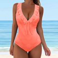 thumbnail image 2 of Cathalem Womens Swimwear Halter Bathing Suit Ruffle Plunging Neck Tummy Control Back Tie,Red S, 2 of 5