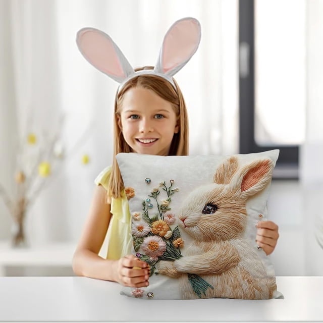 Funda de almohada con estampado de conejito de Pascua | Diseño floral con bordado artificial | Funda de almohada decorativa de poliéster suave de 45 x 45 cm para sofá y cama