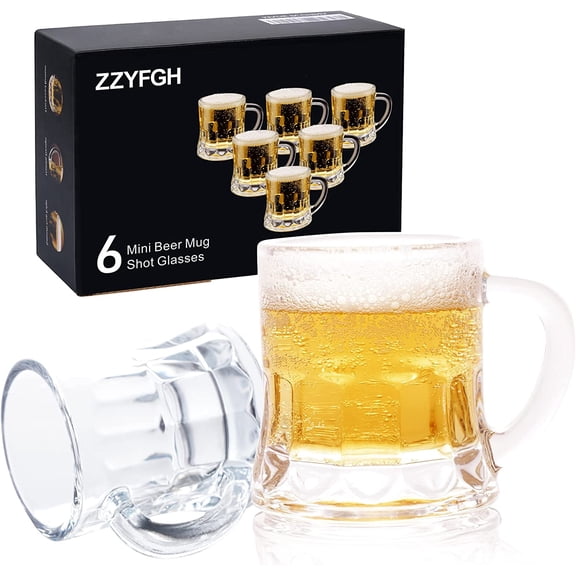 6 Pack Mini Beer Shot Glasses, Shot Glasses with Handle, Mini Heavy Base Clear Beer Mugs-1.8 Ounce, Tequila, Vodka, Great for Father, Husband, Birthday or Friend Party Present