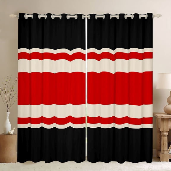 jejeloiu Modern Abstract Geometric Black Out Curtains,Retro Stripe Print Curtains Pack of 2 (42x63 Each),Red Beige Black Bedroom Curtains For Men Women,Ultra Soft Home Decor