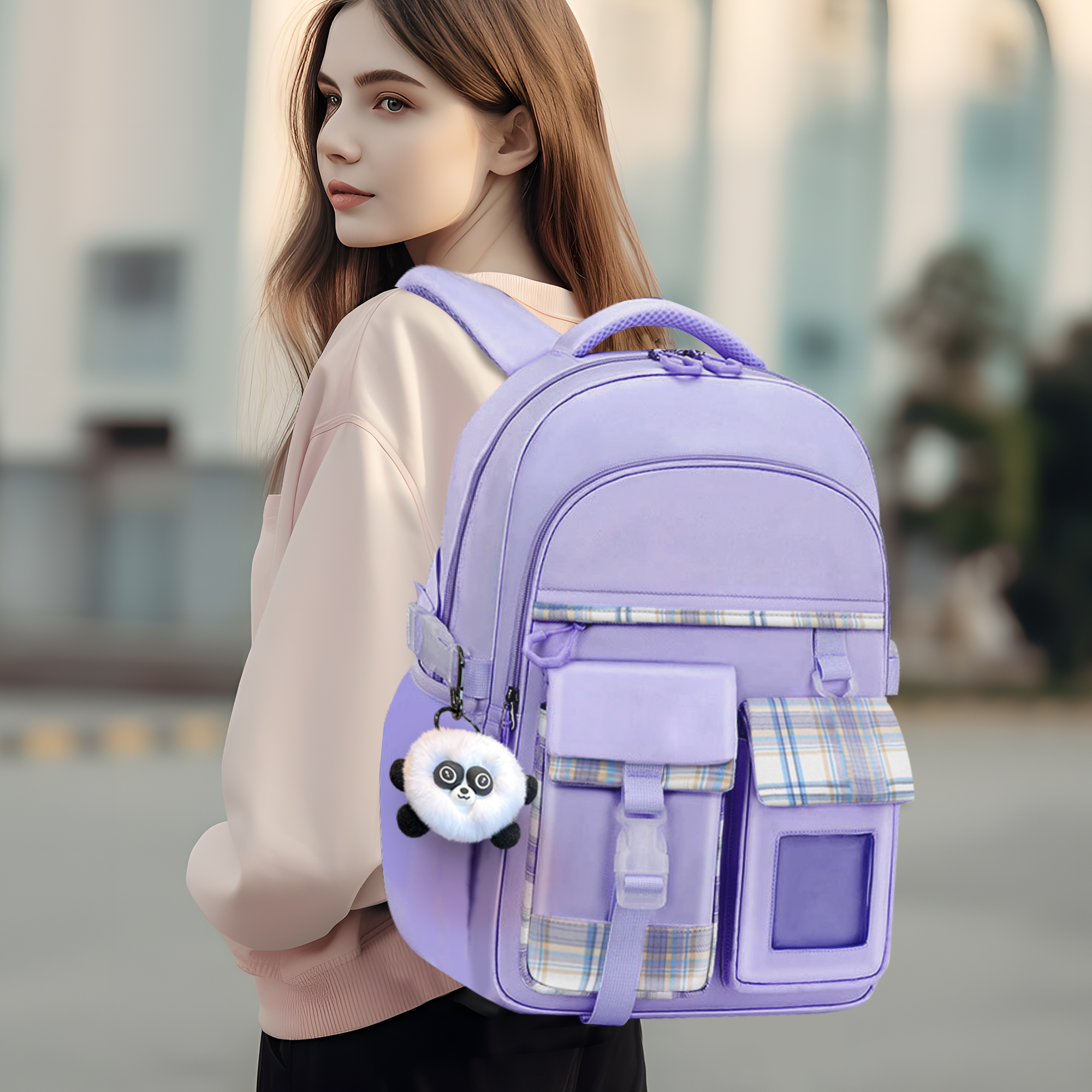 School Backpacks for Girls,Kids Casual Bookbag School Bag with panda for Child Teens,Purple