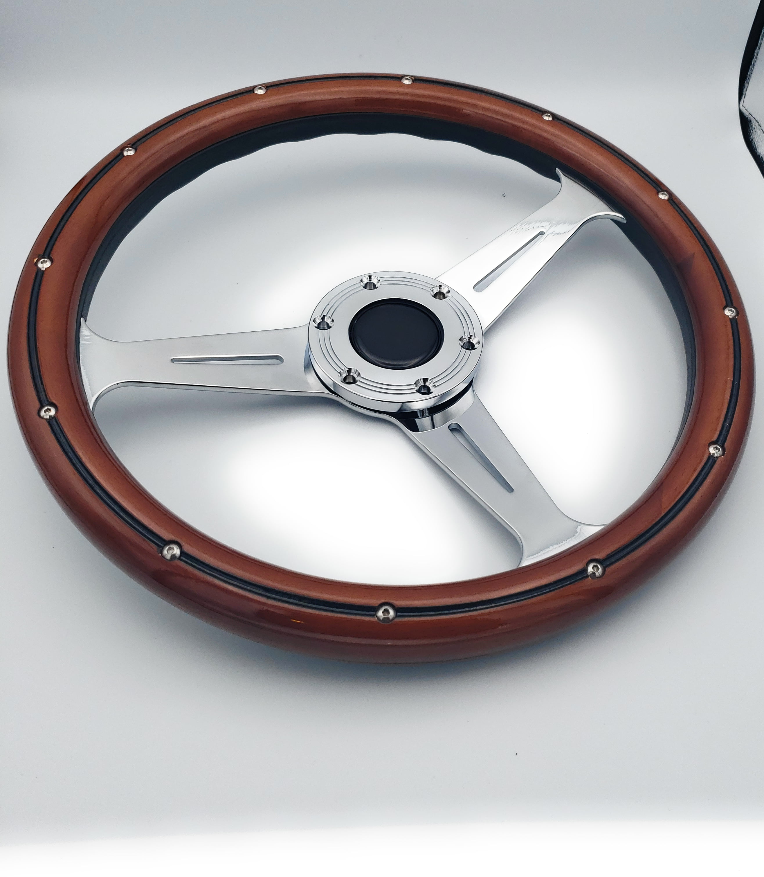 Nostalgia Chrome 14" Steering Wheel W/ Mahogany Wood Wrap & A01 Chevy Adapter 