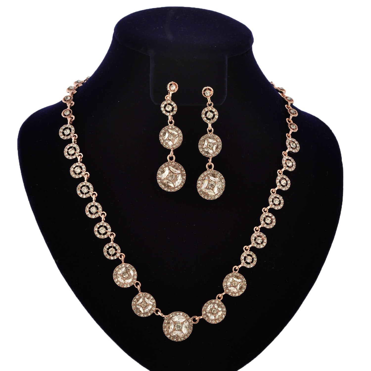 Fashion Jewelry Set Rose Gold Plating Crystal Rhinestone Necklace Earrings Set