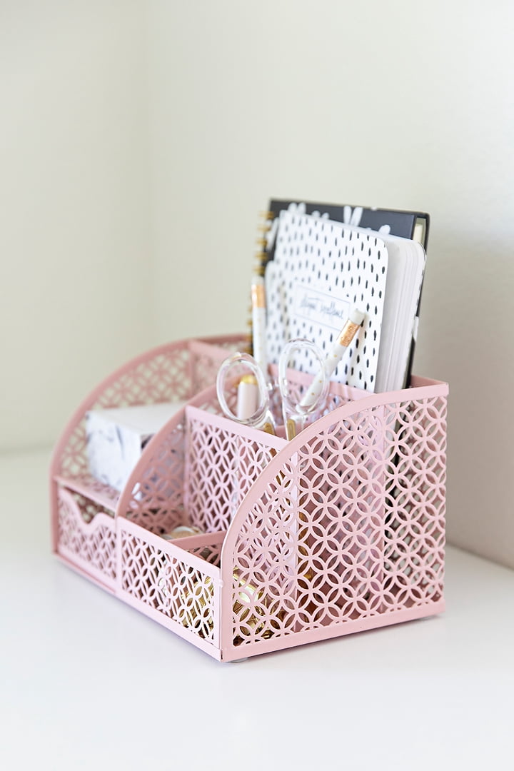 Riviera Designer Metal Desk Organizer with Drawer - Pink