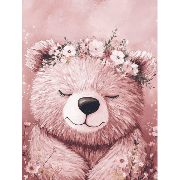 Pink Floral Bear Canvas Wall Art, Perfect for Bedroom, Living Room, Nursery, Bathroom, and Office Decor.