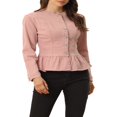 thumbnail image 1 of Allegra K Women‘s Round Neck Button Down Ruffled Hem Cropped Washed Denim Jacket, 1 of 5