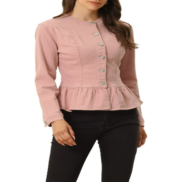 Allegra K Women‘s Round Neck Button Down Ruffled Hem Cropped Washed Denim Jacket
