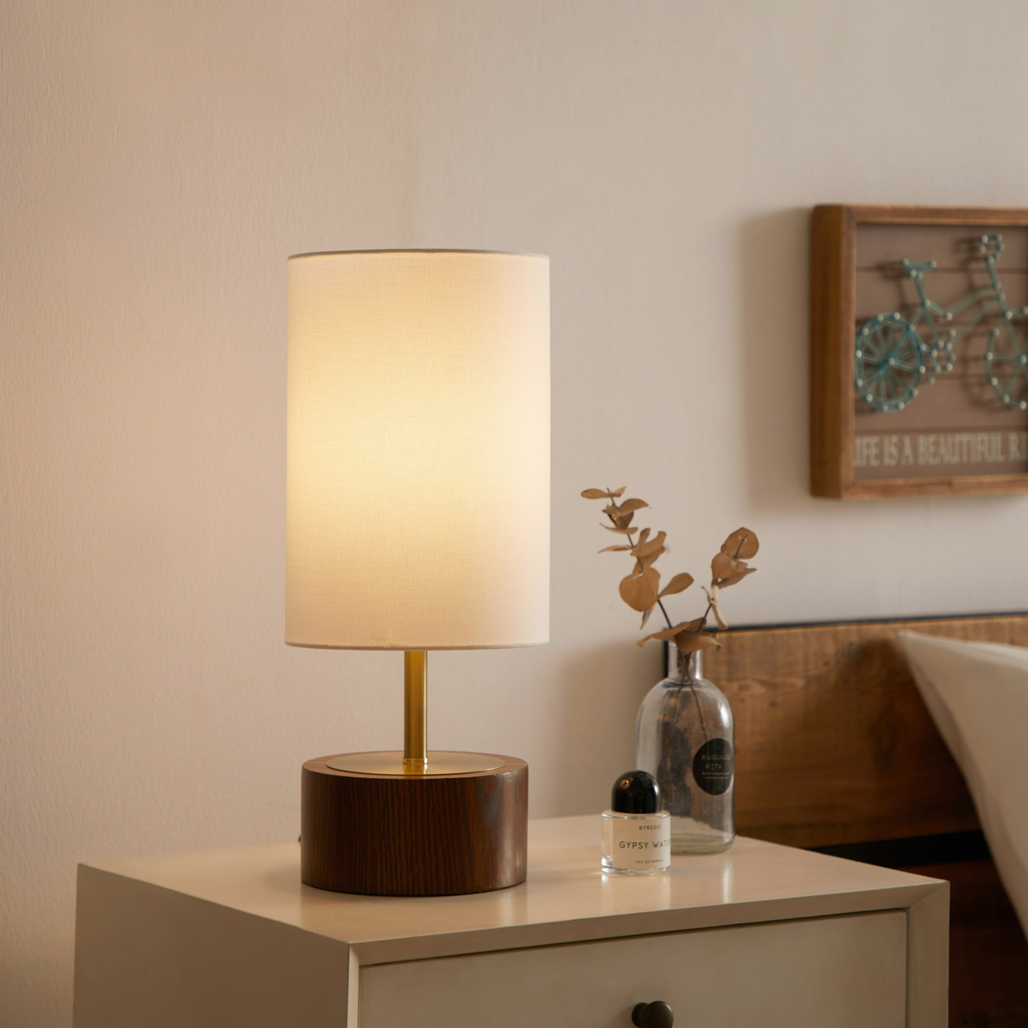 Better Homes & Gardens Woodgrain Touch Table Lamp, Walnut and Brushed Brass Finish, 16.25 in