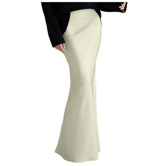 HJYCHN Women Elegant Silk Satin Maxi Skirt Spring Summer Season Skirt with High-Waist for Party Wedding Flowy Design Beige M