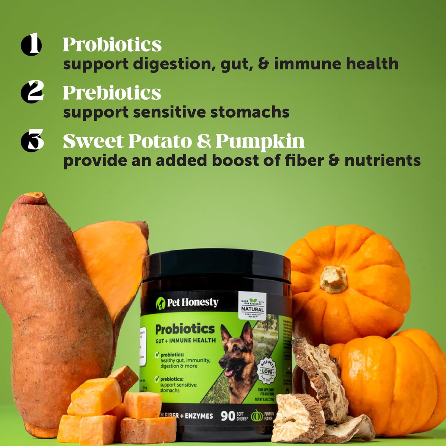 Pet Honesty Gut + Immune Health Digestive Probiotic Chews with Prebiotics, Digestive Enzymes, Daily Gut Health & Immune Support for All Dogs (Duck, 90 Ct)