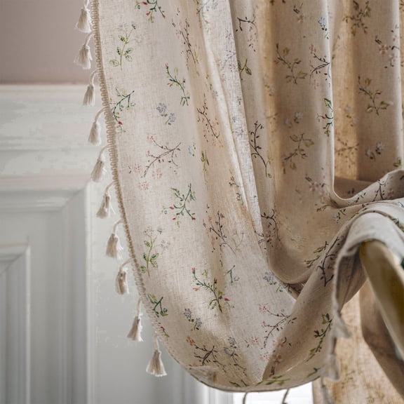 TURKIO 2 Panel Farmhouse Floral Linen Semi- Blackout Curtains,95 inches, Beige,for Living Room