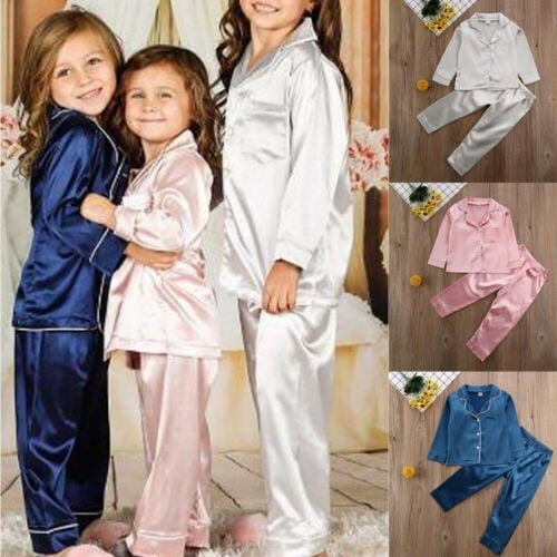 Toddler Baby Kids Satin Pajamas Set Long Sleeve Button-Down Sleepwear PJs  for Girls