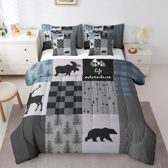 Erosebridal Woodland Wildlife Bear Bedding Sets Twin Size,Buffalo Plaid Comforter Sets with Sheets,Geometric Decor,Lightweight,7-Piece