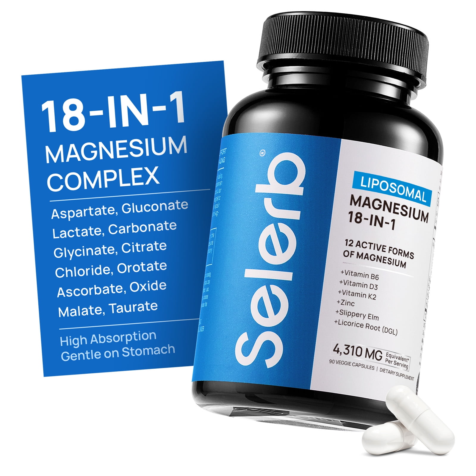 Selerb 18-in-1 Magnesium Complex with D3,K2 & Gentle on Stomach |12 Active Forms of Magnesium (Glycinate, Citrate, Malate + 9 Forms) | Sleep, Bone & Heart Support | 90 Capsules
