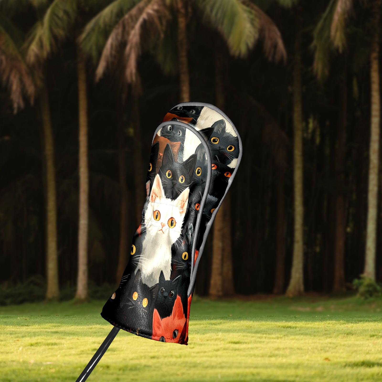 Golf Club Covers PU Leather Waterproof Head Covers for Fairway Woods Hybrids Black And White Cat Pattern Unisex Fits Most Brands