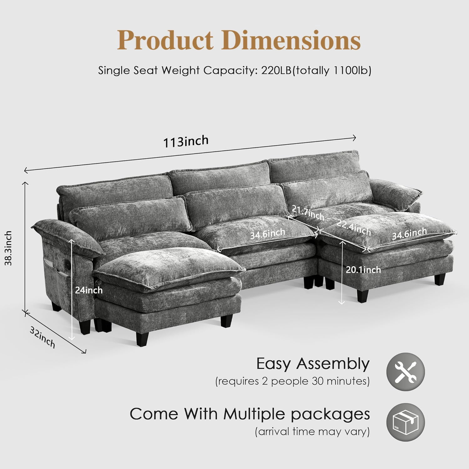 TiramisuBest 113" Cloud Couch Modular Sectional Sofa with 2 Ottomans, Premium Chenille Fabric Sectional Couch with Deep Seat for Living Room Bedroom (Gray)
