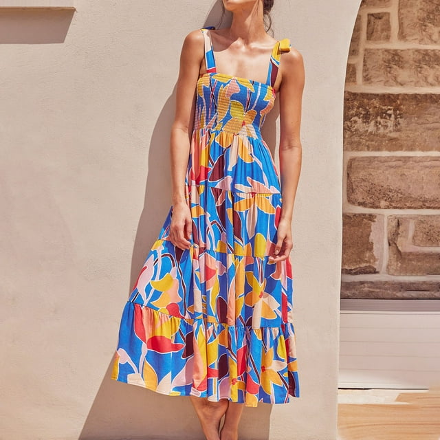 SMihono Robe Maxi Bohème d'Été pour Femmes Grande Taille Mode Femmes Décontractée à Col en V Imprimée Sans Manches Mi-Longue Robe Taille Plage Évasée Robe d'Été