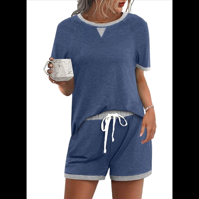 Conjunto de 2 Piezas para Mujer, Ropa de Estar por Casa, Top y Pantalones Cortos de Corta con Bloques de Color, Ropa de Verano 2025, Azul XL