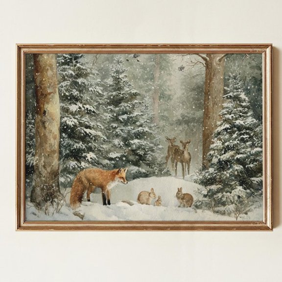 Forest Wall Decor Woodland Animal Print Winter Forrest Wall Art Snowy Woodland Water Color Poster For Nursery Animal Theme Nursery Decor Fox- Wall Art Print, 8x12 UNFRAMED