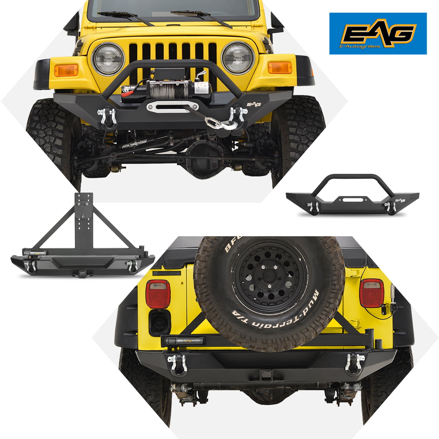 EAG Rear Bumper with Tire Carrier & Front Bumper with LED Lights Bumper Combo Fit for 8706