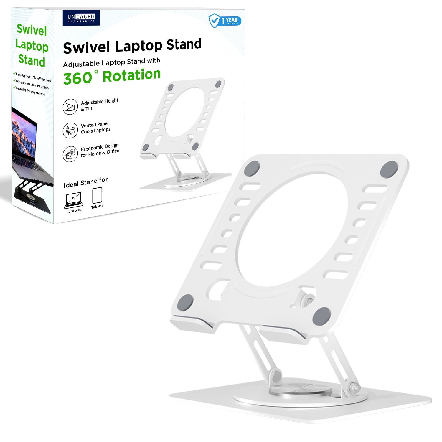 Swivel Laptop Stand for Desk – Adjustable Laptop Riser with 360° Rotation, Height & Tilt, Vented Metal Cooling Panel, Portable Folding Stand (White)