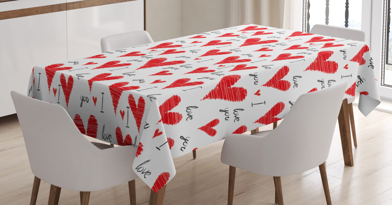 Valentines Day White Red Hearts Fabric Tablecloth Decor 52" x 70" 