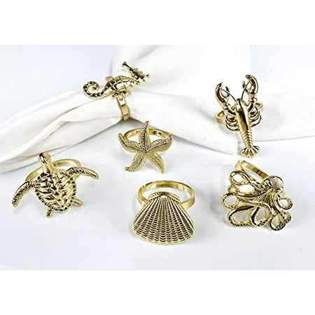 

Fennco Styles Coastal Sea Creatures Metal Napkin Rings Set of 6 - Gold Nautical Sea Life Napkin Holders for Home Décor Dining Table Banquets Family Gathering and Special Occasions