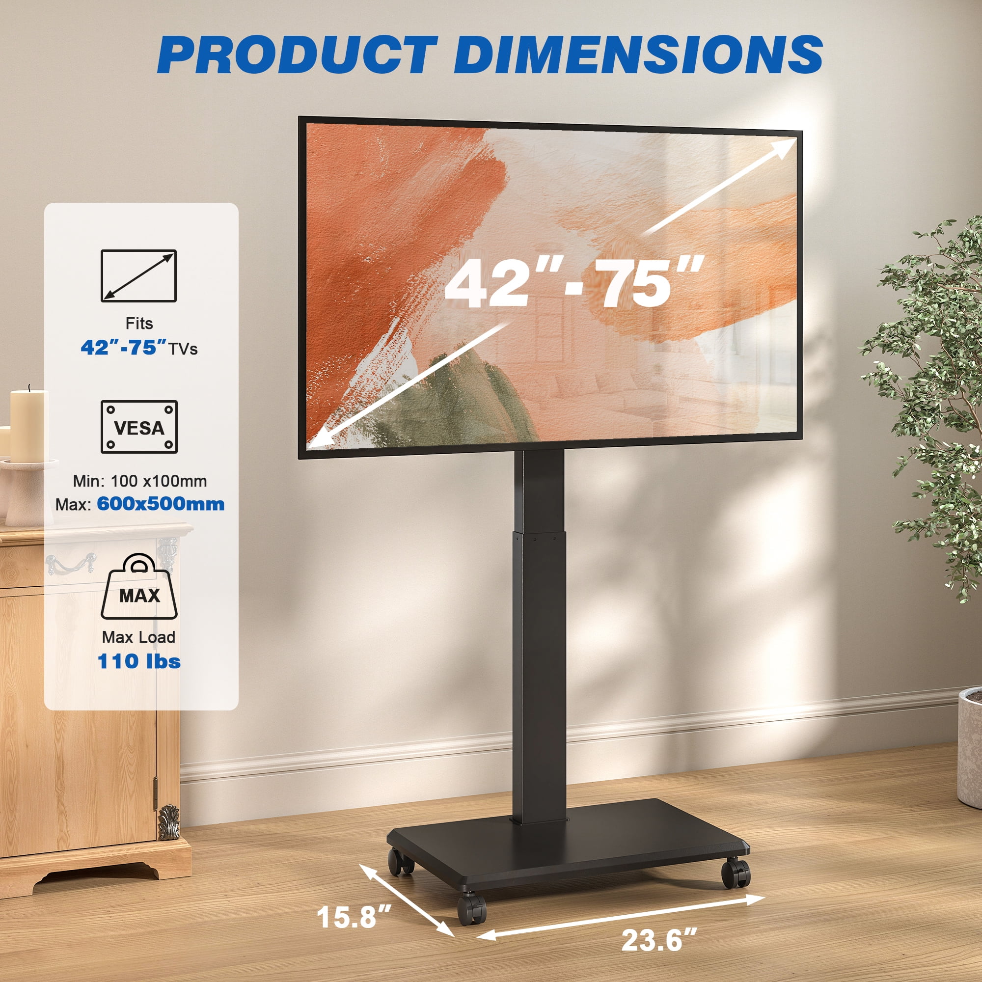 RTVR Mobile TV Cart Stand with Hand Crank Lift for 42-75 inch Screens, ±90° Rotation and ±5° Tilt Height Adjustable Swivel TV Stand with Wheels, Black