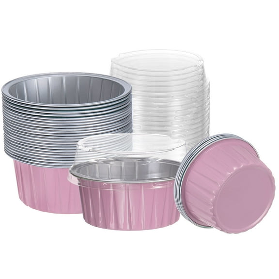 Uxcell 50Pcs Baking Cups with Lids 5oz Aluminum Foil Liners Mini Disposable Containers Cups Pink