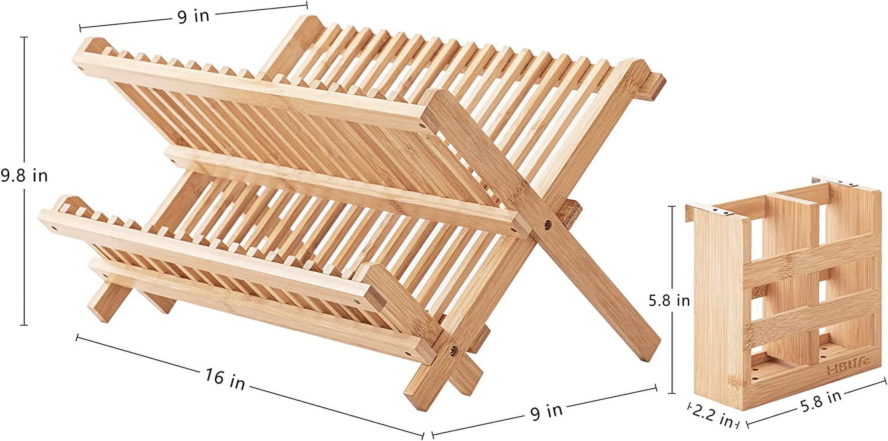 HBlife Dish Rack, Bamboo Folding 2-Tier Collapsible Drainer Dish Drying Rack with Utensils Flatware Holder Set (Dish Rack with Utensil Holder)
