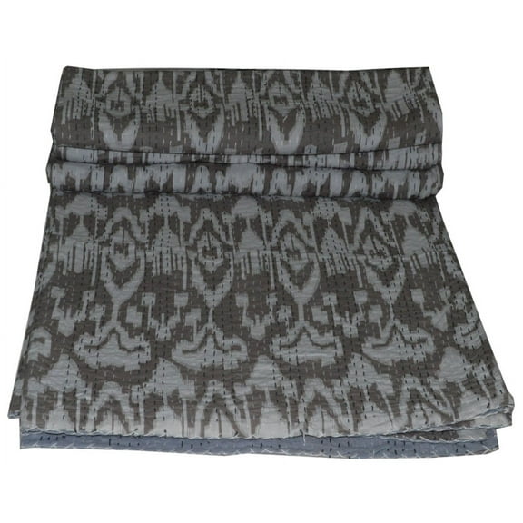Indian Beautiful Kantha Quilt Traditional Vintage Kantha Throw Blanket Bedspread Hand Block Print Double Size Cotton Ikat Print