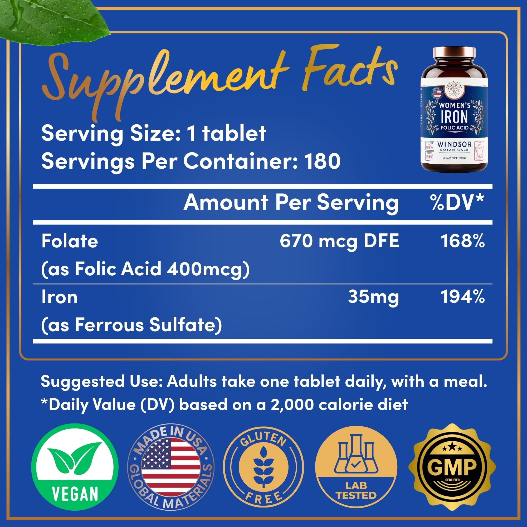 Iron and Folic Acid Supplements for Women - 35mg Gentle Iron Vitamin, Folic Acid 400mcg - Anemia, Period, Pregnancy Support Supplement, Ferrous Sulfate Pills - 180 Vegan Non-Constipating Tablets