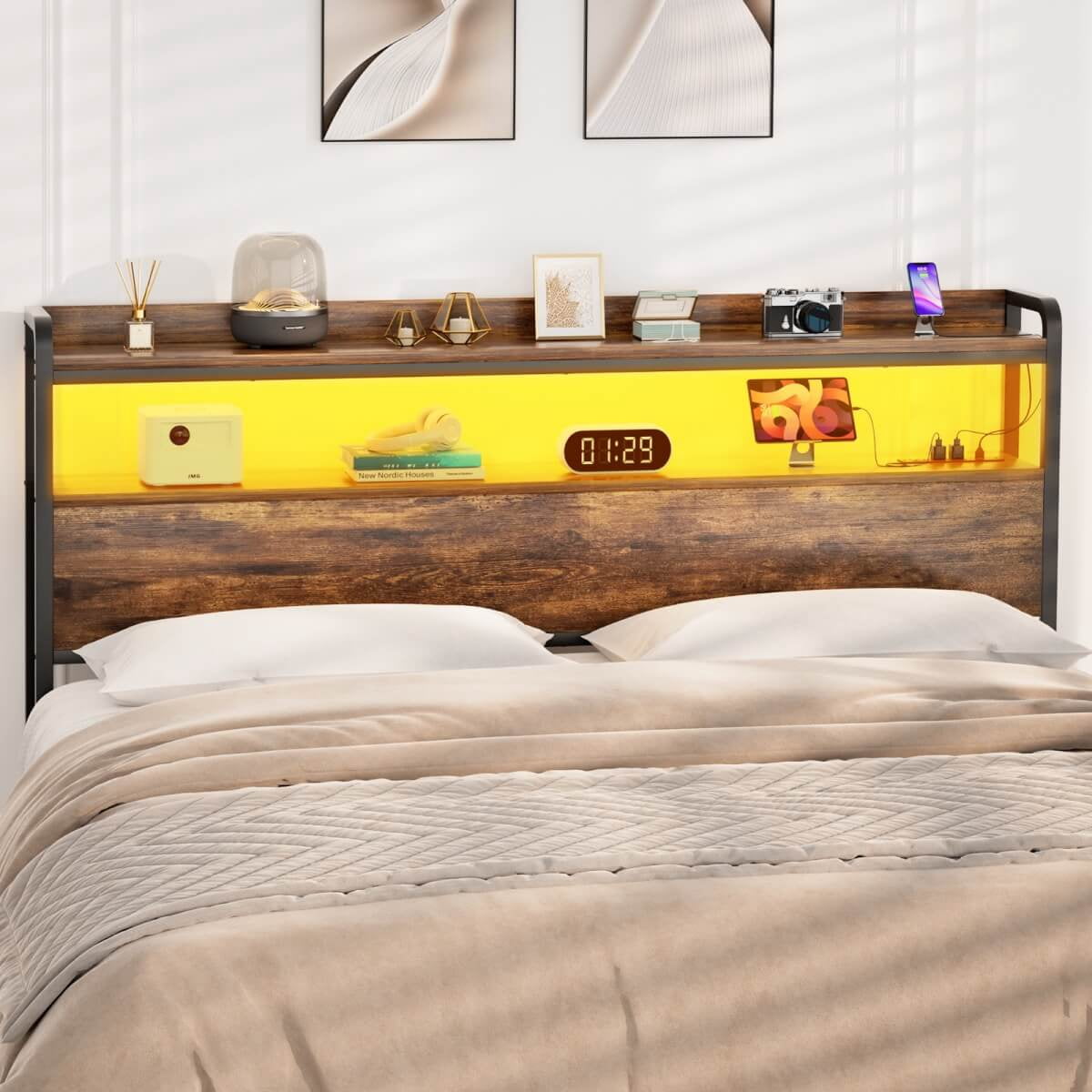 Homieasy Headboard for Full Size Bed Frame, Headboards with Outlets, USB Ports and LED Light, Head Board with Storage, Height Adjustable, Sturdy and Stable Headboard, Black Oak