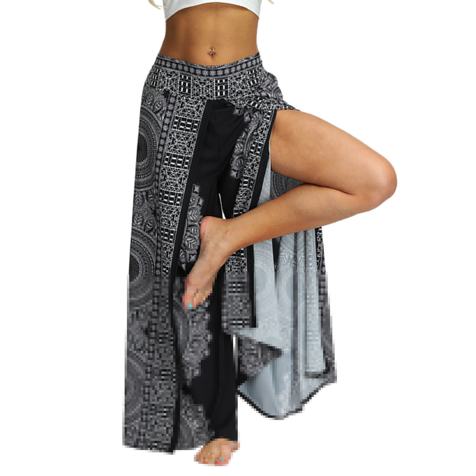 thumbnail image 4 of Defitshape Women's Boho Pants Wide Leg Harem Yoga Gaucho Flowy Bohemian Indian Side Split Palazzo Lounge Casual Printed Slitted Slits Beach Summer Black Floral Pant Patterned5 X-Small-Small, 4 of 5