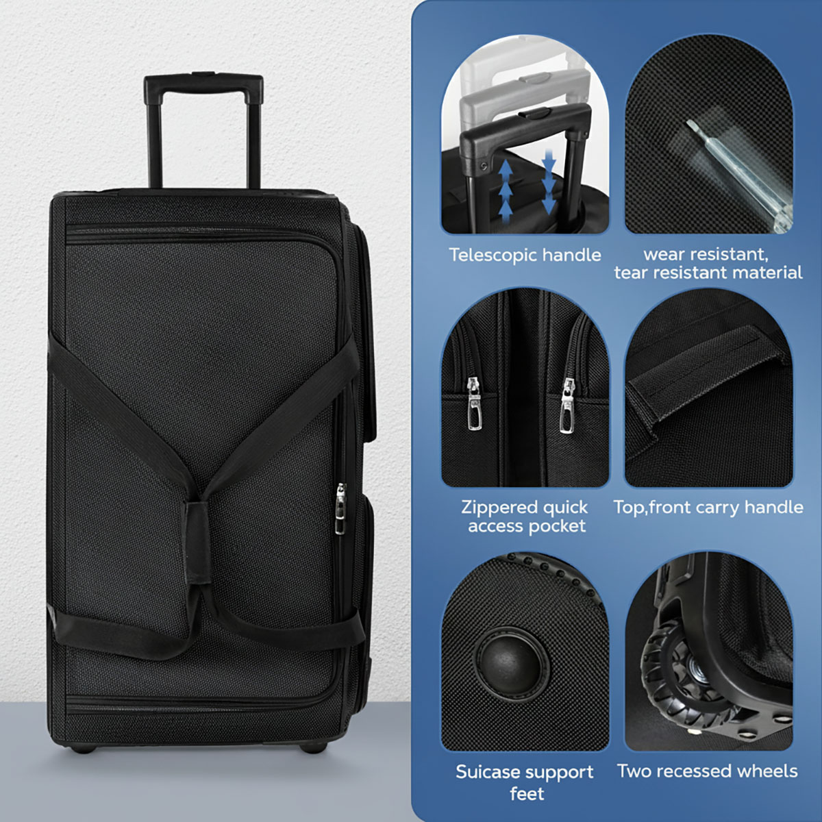 New York Xpress 40" Foldable Rolling Duffel Bag with Wheels, Durable Polyester Travel Bag, Black,TB328