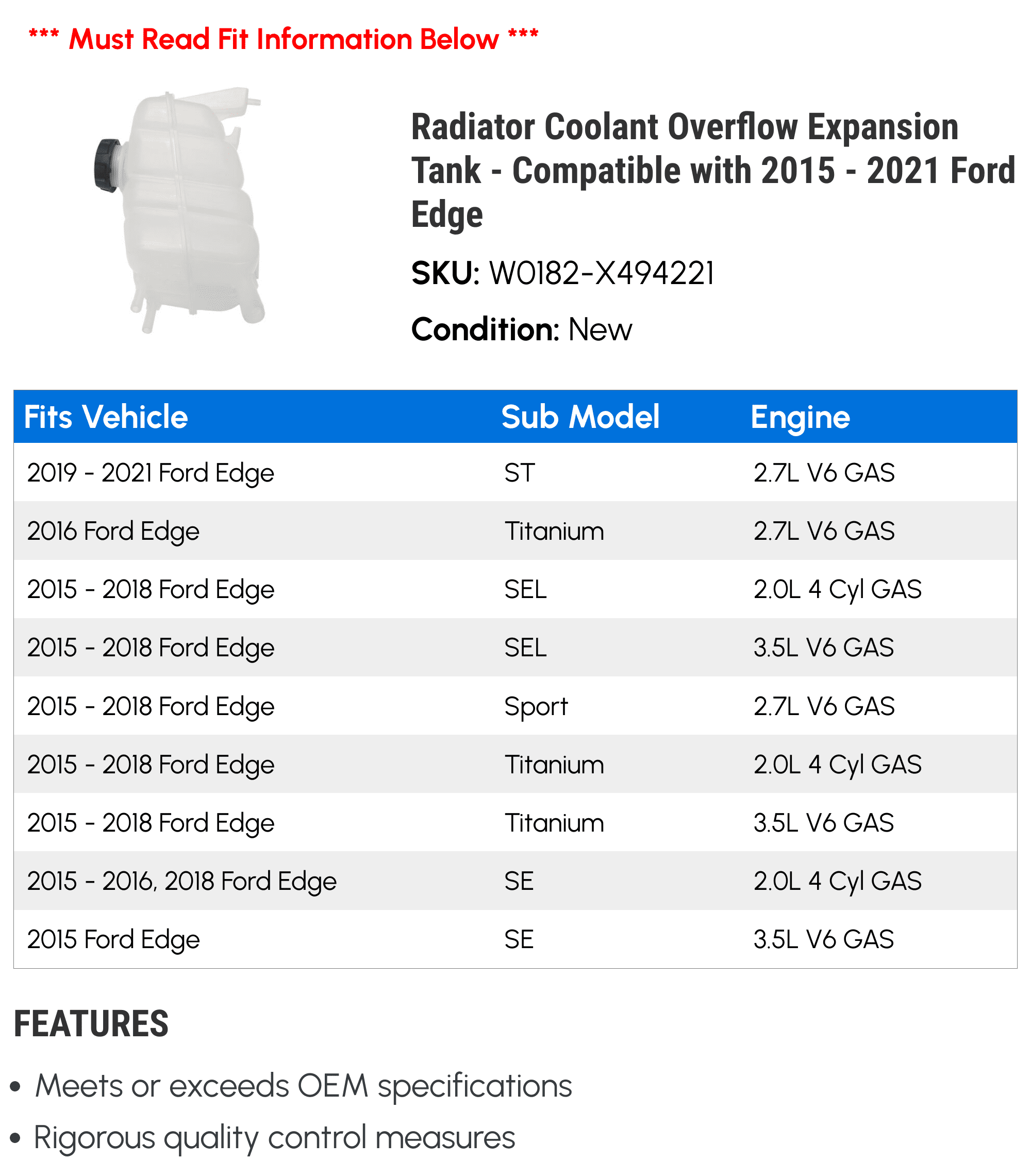 Radiator Coolant Overflow Expansion Tank - Compatible with 2015 - 2021 Ford Edge 2016 2017 2018 2019 2020