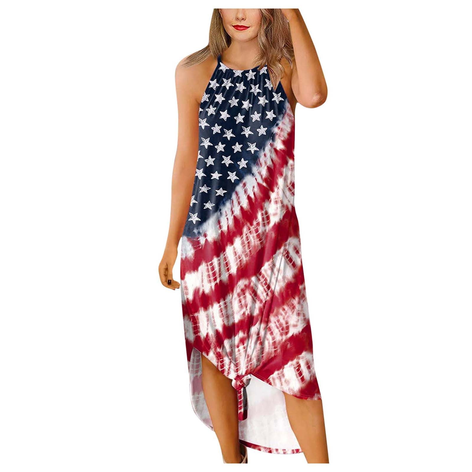 IFOTIME American Flag Dress for Women Summer Beach Sleeveless Sundress Swing Loose Casual Dress Shirt with Pocket